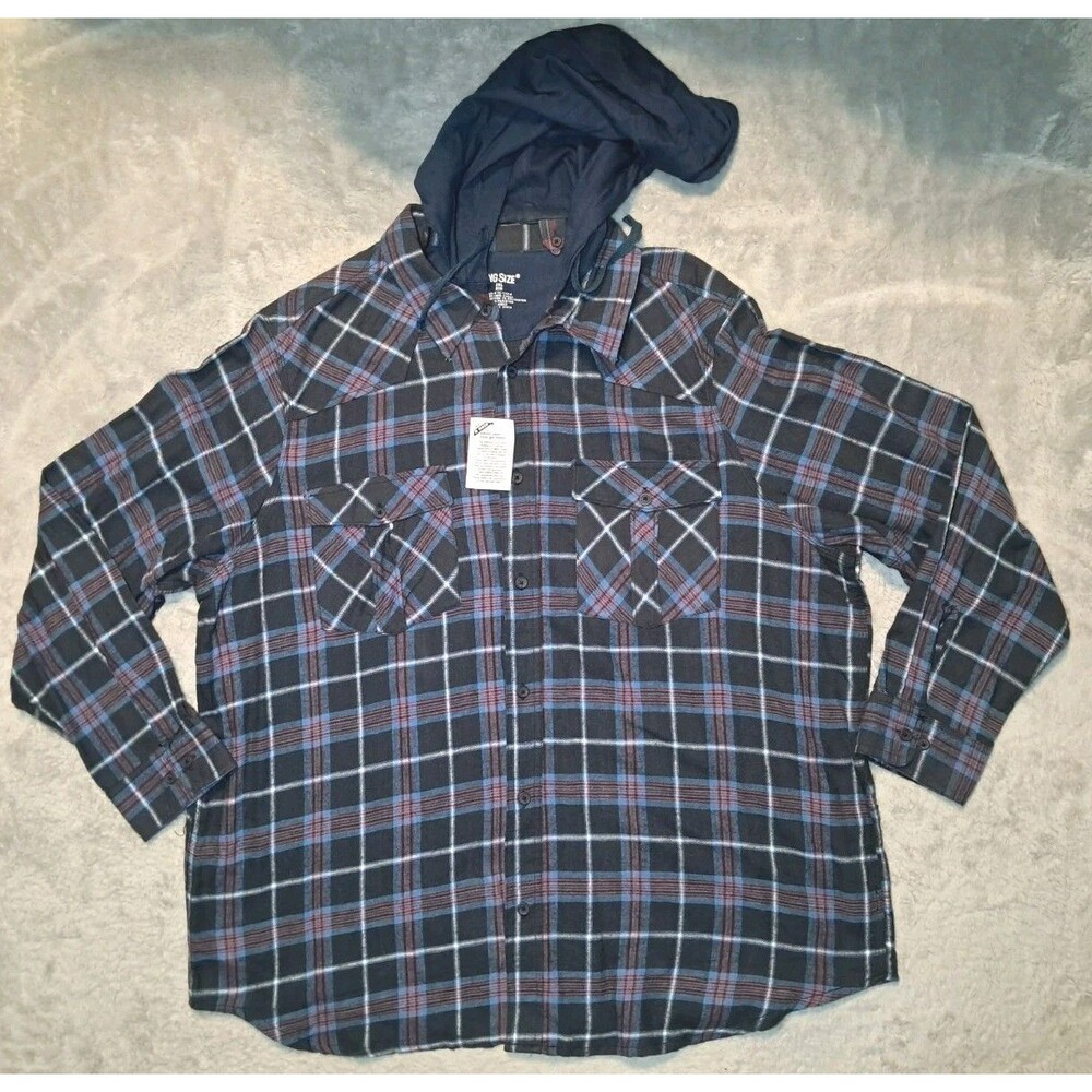 King Size Brand Flannel Button Down Hooded Shirt Long Sleeve Men's 2XL Big